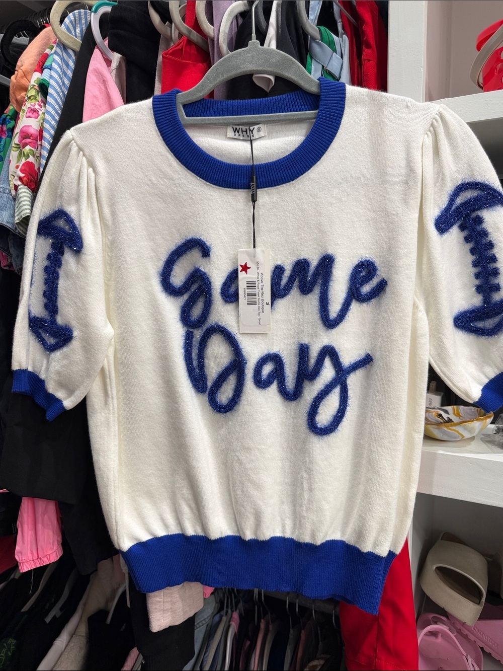 White 'Game Day' White Knit Short Sleeve Sweater with Blue Trim